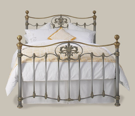 Silver Patina Wrought Iron Bed with Brass Finials